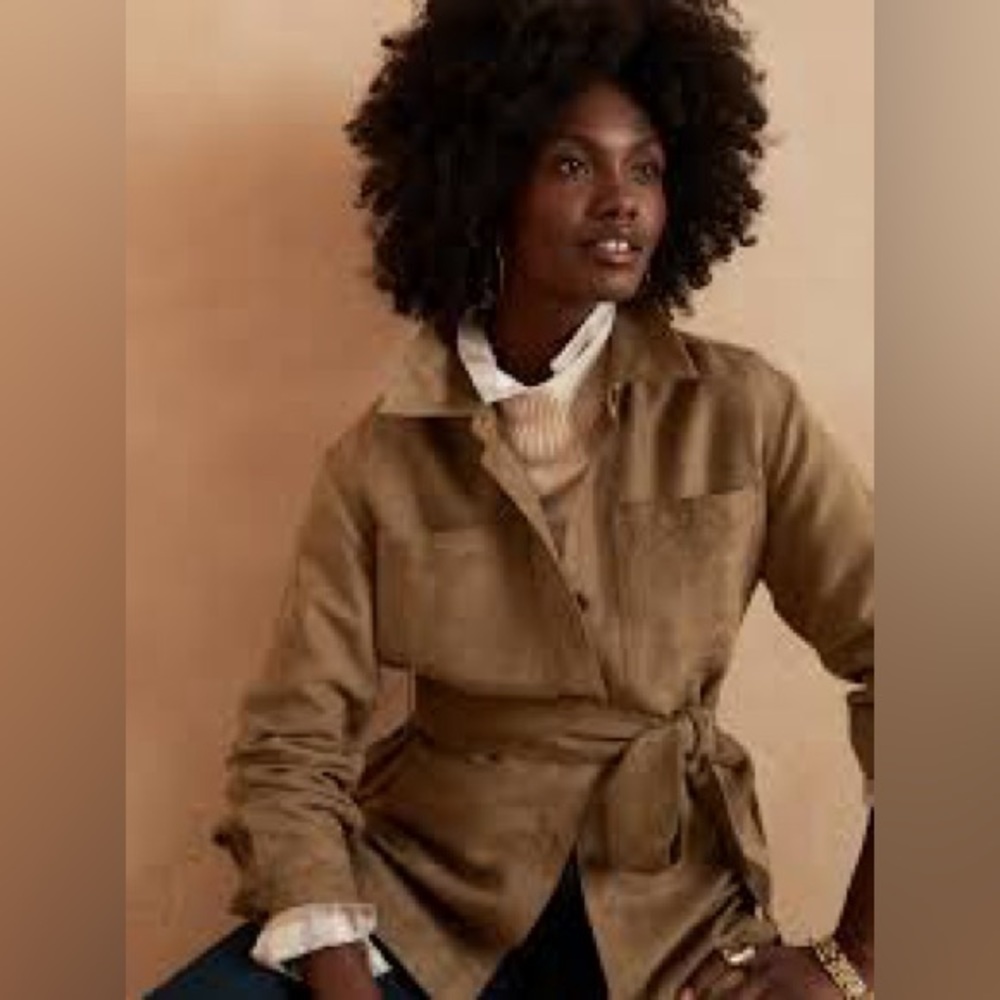 Banana republic, vegan suede, belted, camel shirt